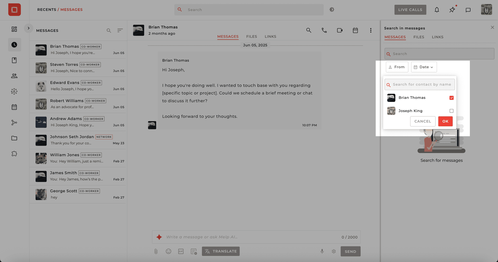 Chat search from filter
