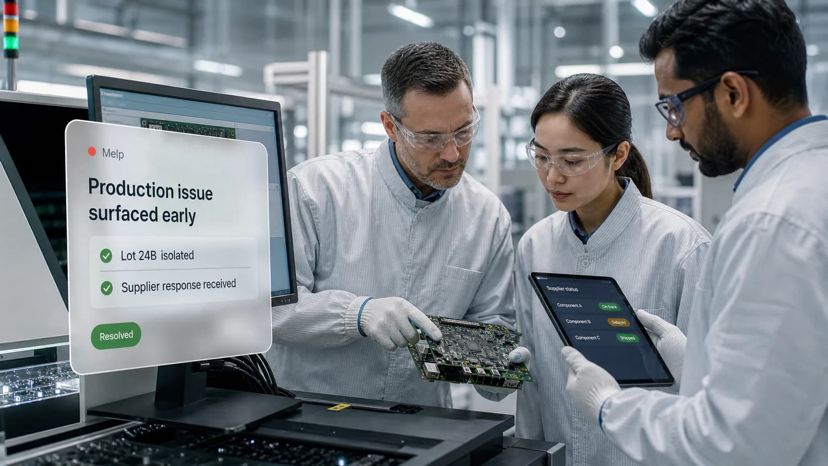 Electronics supply chain team reviewing production status